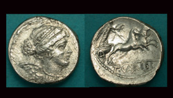 T. Carisius, Denarius, Winged Victory with Victory in Biga Reverse